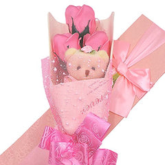 Coffret cadeau de 3 roses parfumées au savon Abbie Home avec un adorable ours en peluche pour elle, lui, la Saint-Valentin, un anniversaire, un mariage, la fête des mères, un cadeau d'anniversaire et une demande en mariage - Rose