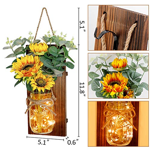 AerWo Lot de 2 appliques murales en forme de tournesol avec guirlande lumineuse LED à distance, décoration murale rustique pour cuisine de ferme, décoration murale pour la maison