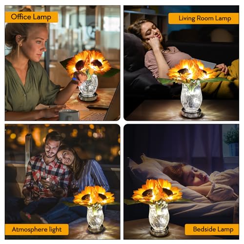 Lampe de table tournesol à piles, petite lampe de table à LED avec fleurs artificielles, veilleuse avec vase en verre transparent, lampe tactile sans fil pour la maison, la chambre à coucher, le salon, décoration cadeau (tournesol)