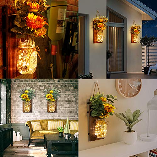 AerWo Lot de 2 appliques murales en forme de tournesol avec guirlande lumineuse LED à distance, décoration murale rustique pour cuisine de ferme, décoration murale pour la maison