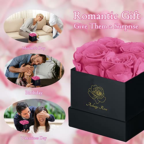 Roses éternelles Ashago dans une boîte, boîte à fleurs romantique, vraies roses qui durent longtemps, fleurs à livrer, pour elle, cadeaux pour maman, boîte noire carrée, 4 roses roses