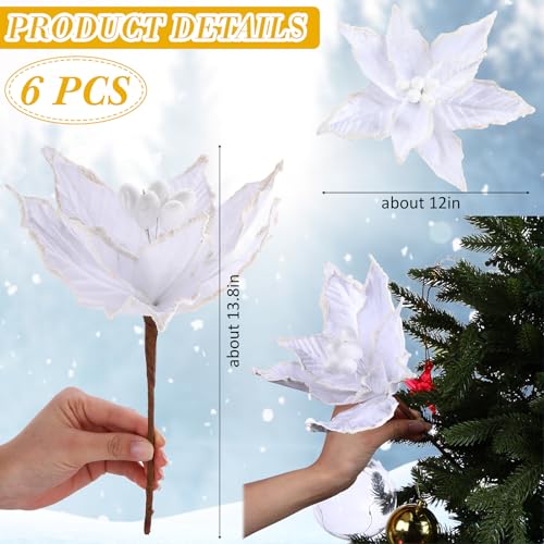 Zeyune 6 Pcs Christmas Poinsettia Flowers Artificial 12 Inch Large Frost Edged Flannel Christmas Flowers Faux Poinsettia Flowers Christmas Tree Flowers for Xmas New Year Wedding Party (White)