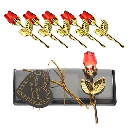 beyonday Lot de 5 mini roses en verre avec boîte, cadeau romantique en cristal pour souvenirs de mariage, anniversaire, Nouvel An, idées pour maman, épouse, sœur, petite amie, grand-mère (or-vin rouge)