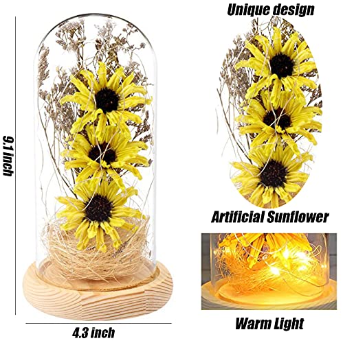 Tournesol artificiel dans un dôme en verre Lampe tournesol enchantée Décors de tournesol Cadeaux de tournesol pour elle à Noël Jour de Thanksgiving Saint-Valentin Fête des mères Anniversaire - Jaune