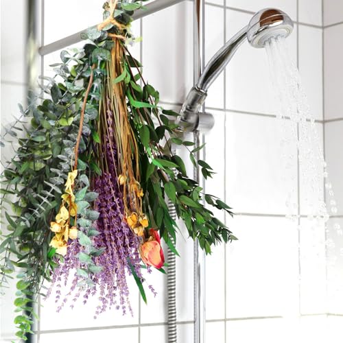 120pcs Mix Dried Eucalyptus, Lavender & Rose Flower Bundle for Shower, Natural Real Fresh Eucalyptus Leaves Stem Plant Hanging, Preserved Ecuplus for Home Wedding Bathroom Decor Vase Fragrance Spa