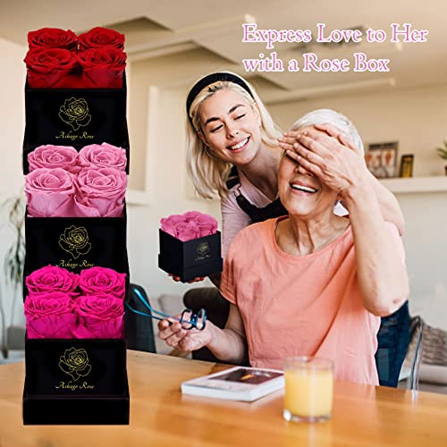 Roses éternelles Ashago dans une boîte, boîte à fleurs romantique, vraies roses qui durent longtemps, fleurs à livrer, pour elle, cadeaux pour maman, boîte noire carrée, 4 roses roses