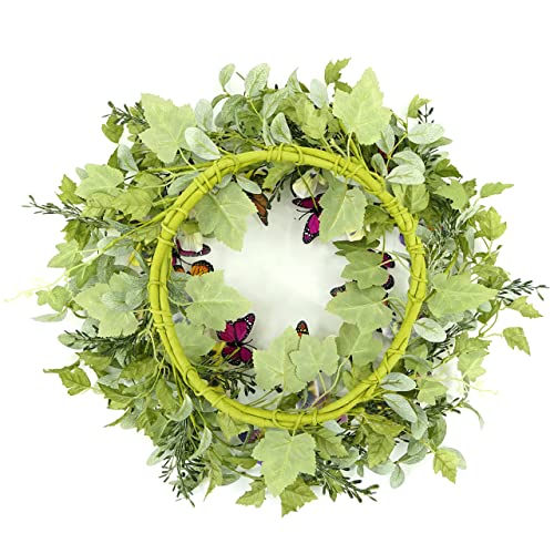 Couronne artificielle printemps été avec fleur de pensée, faux papillon, feuilles d'eucalyptus, feuilles de lierre, fougère pour porte d'entrée, intérieur, extérieur, ferme, maison, mur, fenêtre, festival, décoration de mariage, boîte cadeau blanche