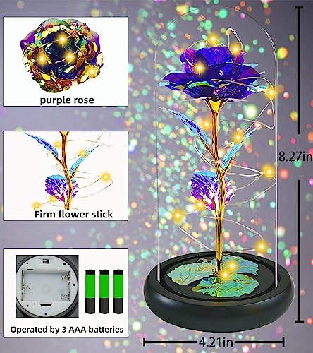 Jeekgsk Birthday Gifts for Women,Women Gifts for Christmas,Light up Rose in Glass Dome,Roses Flower Gifts for Mom,Valentine's Day Gifts Wedding Anniversary Thanksgiving (Purple)