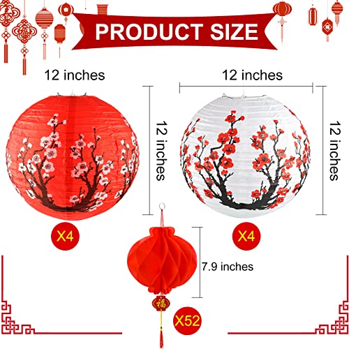 60 Pieces Chinese Japanese Paper Lantern Includes 8 Cherry Blossom Japanese Paper Lantern 52 Chinese Red Lanterns 12 Inches Red Cherry Flowers Paper Lanterns for Spring Festival New Year Wedding