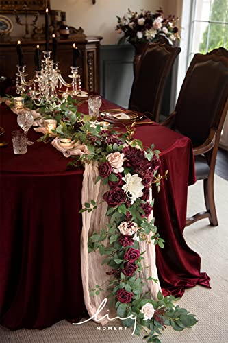 Guirnalda de eucalipto con flores Ling's Moment de 6 pies, camino de mesa con flores, centros de mesa de boda hechos a mano para cena de ensayo, despedida de soltera | Marsala y Blush