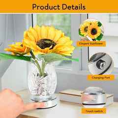 Lampe de table tournesol à piles, petite lampe de table à LED avec fleurs artificielles, veilleuse avec vase en verre transparent, lampe tactile sans fil pour la maison, la chambre à coucher, le salon, décoration cadeau (tournesol)