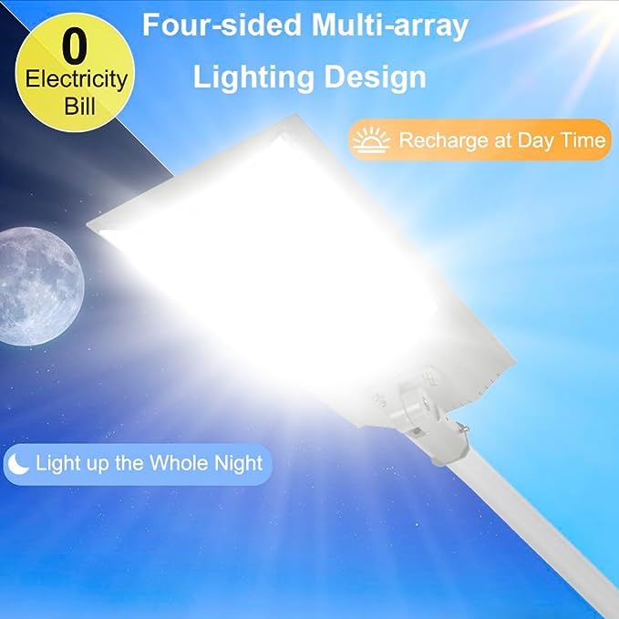 Lampadaire solaire d'extérieur 4000 W avec détecteur de mouvement, projecteur solaire du crépuscule à l'aube avec télécommande, éclairage de sécurité étanche IP67 pour parking, jardin, rue, aire de jeux 