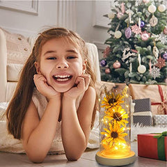 Tournesol artificiel dans un dôme en verre Lampe tournesol enchantée Décors de tournesol Cadeaux de tournesol pour elle à Noël Jour de Thanksgiving Saint-Valentin Fête des mères Anniversaire - Jaune