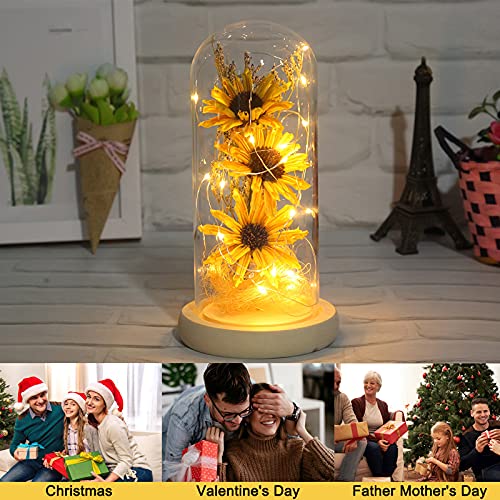 Enchanted Sunflower Flower Lamp Artificial Sunflower in Glass Dome Romantic Gifts for Women, Home Decoration with LED Light for Valentines Day Mothers Day Birthday Anniversary Christmas Day