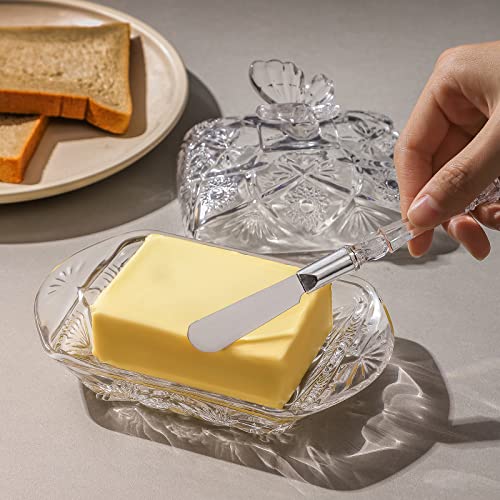 1500° C TABLETOP Glass Butter Dish with Lid and Stainless Steel Butter Knife, Farm House Butterfly Handle Thick Cover, European Butter Dishes, Sun Flower Butter Dish Sticks Kitchen Dishwasher Safe