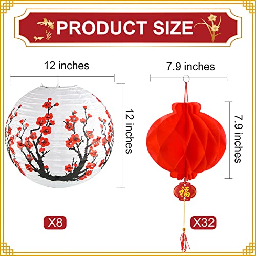 40 Pieces Chinese Japanese Paper Lantern Includes 8 Cherry Blossom Japanese Paper Lantern 32 Chinese Red Lanterns 12 Inches Red Cherry Flowers Paper Lanterns for Spring Festival New Year Wedding