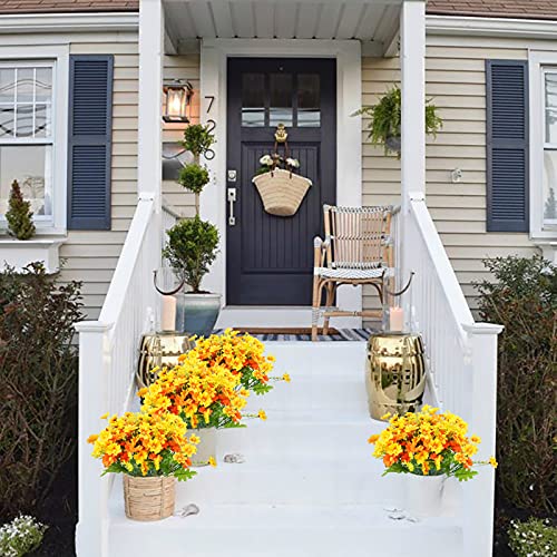 Uieke Artificial Fake Flowers, 6 Bundles Daisy Mums Flowers Outdoor UV Resistant No Fade Greenery Shrubs Plants Indoor Outside Hanging Planter Home Wedding DIY Garden Porch Décor (Orange Yellow)