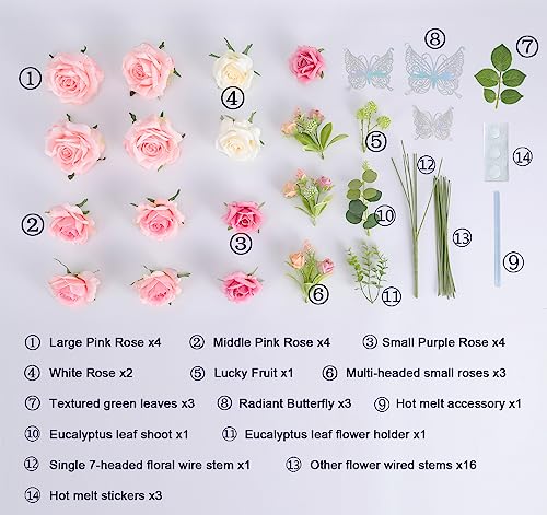 Coffret de fleurs artificielles Anivis, fausses fleurs avec tiges, roses avec feuilles détachables et verdure pour bouquets de mariage à faire soi-même, centres de table, fête prénatale, dédicace de bébé (rose rose)