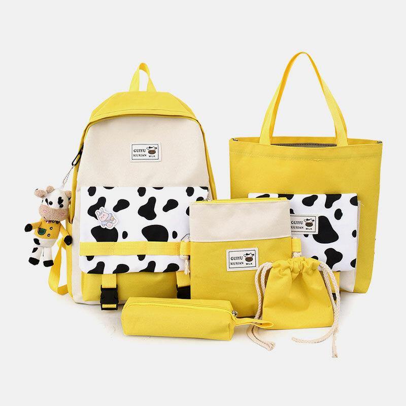 5 piezas de lona con estampado de vaca preppy, multifunción, combinación de bolsos, mochilas, bolsos cruzados, bolsos de mano, carteras de mano 