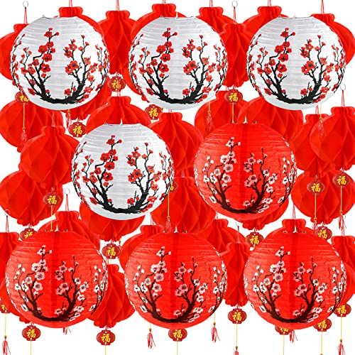 60 Pieces Chinese Japanese Paper Lantern Includes 8 Cherry Blossom Japanese Paper Lantern 52 Chinese Red Lanterns 12 Inches Red Cherry Flowers Paper Lanterns for Spring Festival New Year Wedding