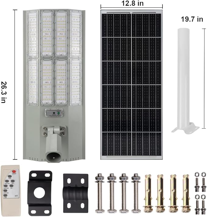 Lampadaire solaire d'extérieur 4000 W avec détecteur de mouvement, projecteur solaire du crépuscule à l'aube avec télécommande, éclairage de sécurité étanche IP67 pour parking, jardin, rue, aire de jeux 