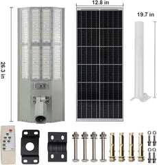 Lampadaire solaire d'extérieur 4000 W avec détecteur de mouvement, projecteur solaire du crépuscule à l'aube avec télécommande, éclairage de sécurité étanche IP67 pour parking, jardin, rue, aire de jeux 