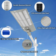 Lampadaire solaire d'extérieur 4000 W avec détecteur de mouvement, projecteur solaire du crépuscule à l'aube avec télécommande, éclairage de sécurité étanche IP67 pour parking, jardin, rue, aire de jeux 