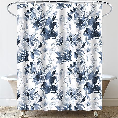 Rideau de douche bleu, rideaux de douche floraux pour salle de bain, rideau de douche en tissu imperméable bleu blanc, ensembles de rideaux de douche simples et modernes, décoration de salle de bain à fleurs bleu marine - 72 x 72 pouces (avec 12 crochets)