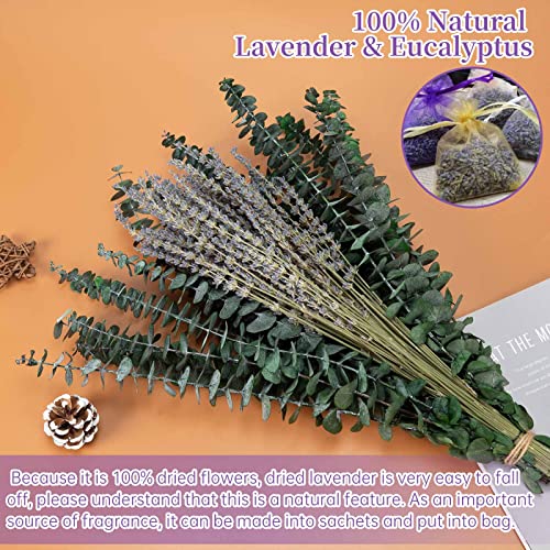 Paquete de 115 tallos de eucalipto secos con flores de lavanda para ducha, hojas de eucalipto reales naturales de 17 pulgadas, ramas colgantes para ducha, para spa, fragancia para el hogar, baño, mesa, jarrón, decoración