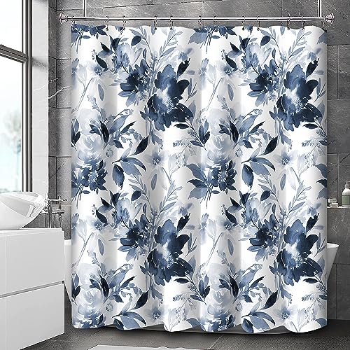 Rideau de douche bleu, rideaux de douche floraux pour salle de bain, rideau de douche en tissu imperméable bleu blanc, ensembles de rideaux de douche simples et modernes, décoration de salle de bain à fleurs bleu marine - 72 x 72 pouces (avec 12 crochets)