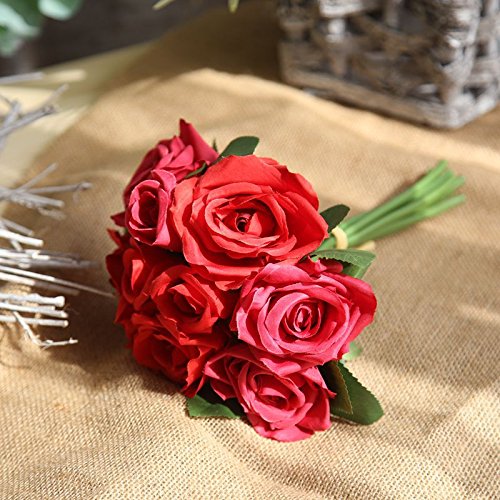 MISBEST Artificial Red Rose Flowers with Vase,Fake Silk Rose Bouquet with Glass Jar Home Rope for Wedding Proposal Bride Hobby Lobby Decoration Best Gift for Her(Red Rose)