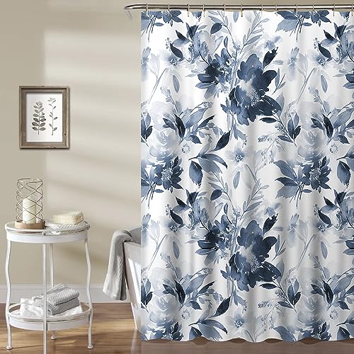 Rideau de douche bleu, rideaux de douche floraux pour salle de bain, rideau de douche en tissu imperméable bleu blanc, ensembles de rideaux de douche simples et modernes, décoration de salle de bain à fleurs bleu marine - 72 x 72 pouces (avec 12 crochets)