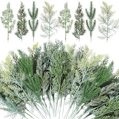 Lyrow Lot de 80 branches de pin artificielles de Noël, 4 styles, feuilles artificielles, aiguilles, pin en plastique, fausse verdure, sapin de Noël pour couronnes de Noël à faire soi-même, décoration de la maison