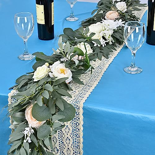 Guirlande d'eucalyptus artificiel de 9 pieds avec fleurs, fausse vigne de rose pour centres de table de mariage, décoration de table principale, arche, toile de fond, décoration de réception de cérémonie