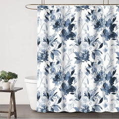 Rideau de douche bleu, rideaux de douche floraux pour salle de bain, rideau de douche en tissu imperméable bleu blanc, ensembles de rideaux de douche simples et modernes, décoration de salle de bain à fleurs bleu marine - 72 x 72 pouces (avec 12 crochets)