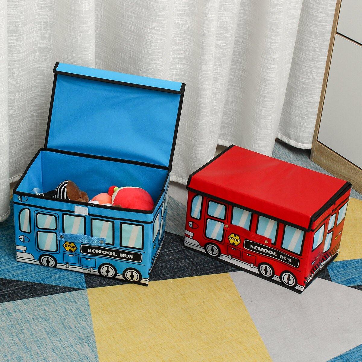 Boîte de rangement pour jouets pour enfants en forme de bus étanche de 1,8 L, panier pliable non tissé à motif de voiture de dessin animé 