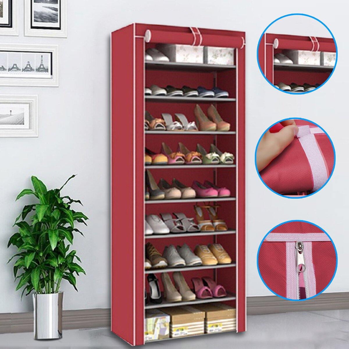 Étagère à chaussures à 10 niveaux et 9 treillis, armoire de rangement avec housse anti-poussière 