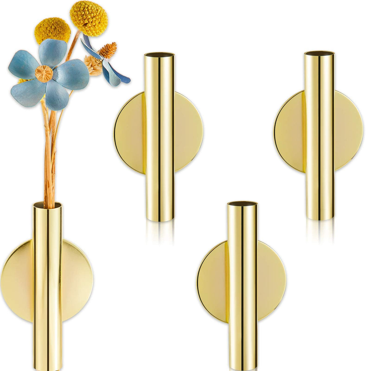 Lot de 3 tubes à fleurs muraux en métal pour décoration de vase, supports de vase à fleurs séchées avec ruban adhésif pour décoration d'affichage de fleurs (doré)