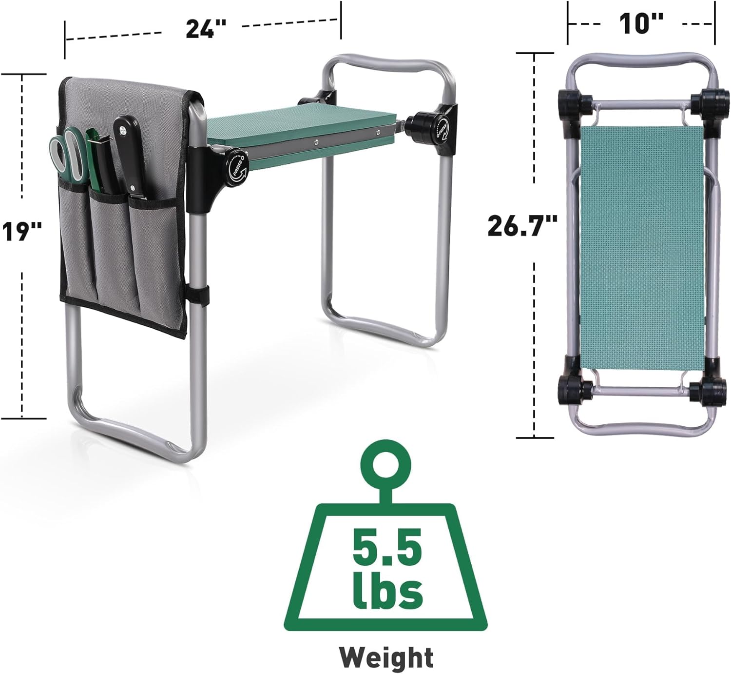 Banc de jardin pliable 2023 avec repose-genoux en mousse EVA de 20,3 cm et pochette à outils amovible - Tabouret de jardinage portable 2 en 1 pour la pêche en plein air dans la cour 