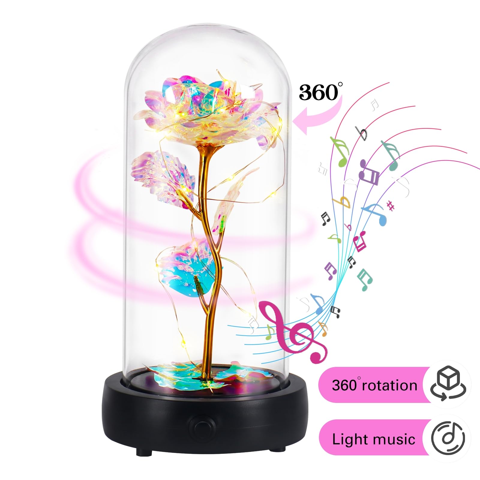 Lumière musicale à fleurs préservées avec rotation à 360°, cadeau d'anniversaire pour femme pour couple, mariage pour elle, cadeaux d'anniversaire pour amies, idées d'amitié pour femmes, rose galaxie