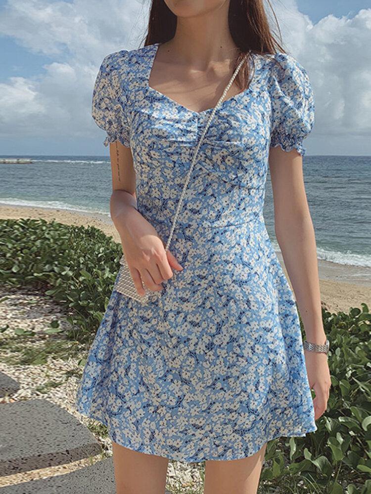 Robe d'été plissée à fleurs 100 % polyester pour femme 