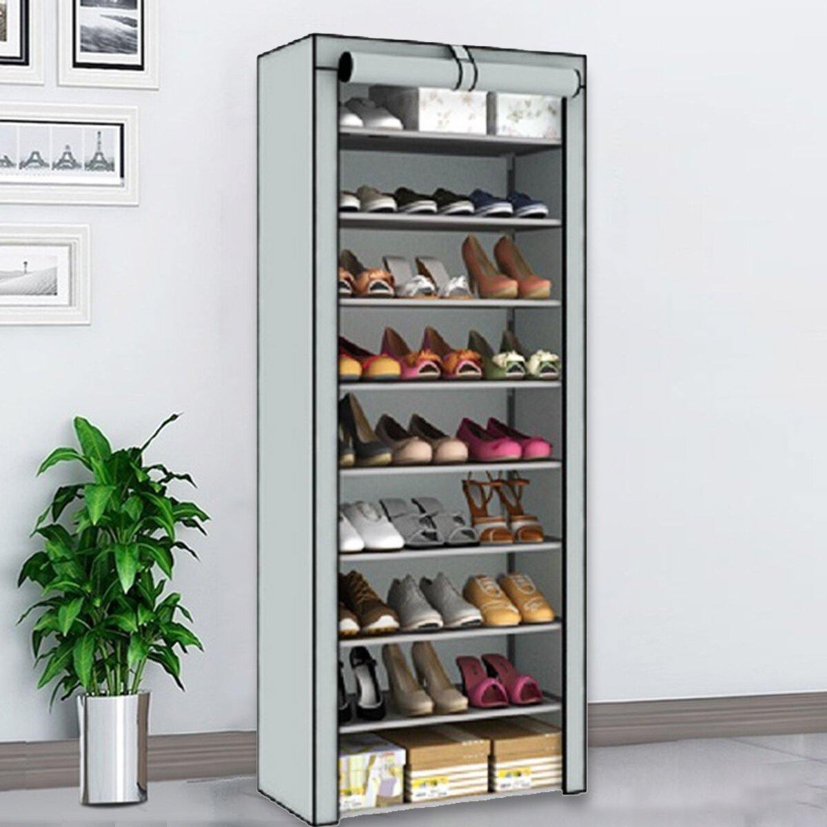 Étagère à chaussures à 10 niveaux et 9 treillis, armoire de rangement avec housse anti-poussière 