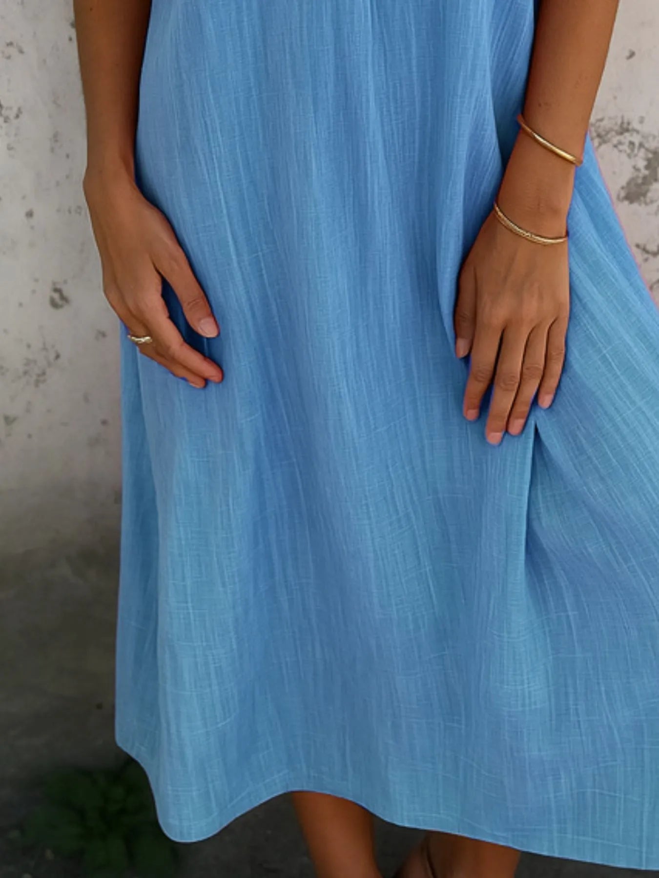 Full Size Short Sleeve Shirt Dress with Collar Plus Size in blue fabric, showcasing the dress design and texture.