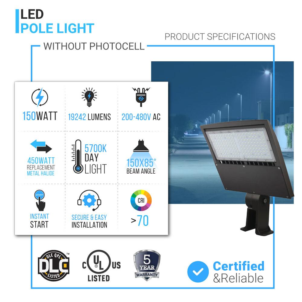 150W LED Pole Lights Outdoor 5700K Daylight White 21000LM AC120-277V, Bronze, IP65, Dimmable, UL, DLC Listed, Outdoor Wall Mounted Parking Lot Lights