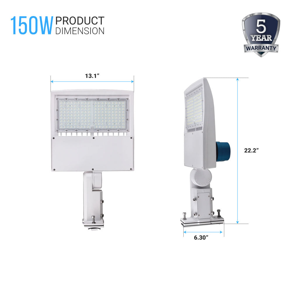 Poste de luz LED de 150 W con fotocélula de anochecer a amanecer, 5700 K, montaje universal, blanco, IP65 a prueba de agua, CA 120-277 V, luces LED para estacionamiento - Iluminación de calles para áreas comerciales al aire libre