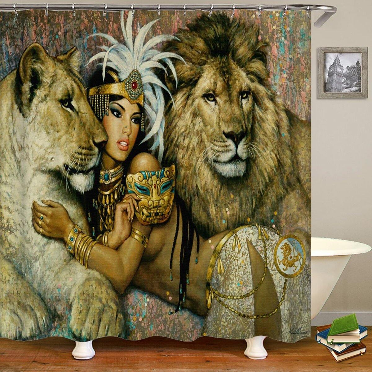 Ensemble de salle de bain imperméable avec rideau de douche et tapis de bain, motif reine et lion d'Égypte africaine 