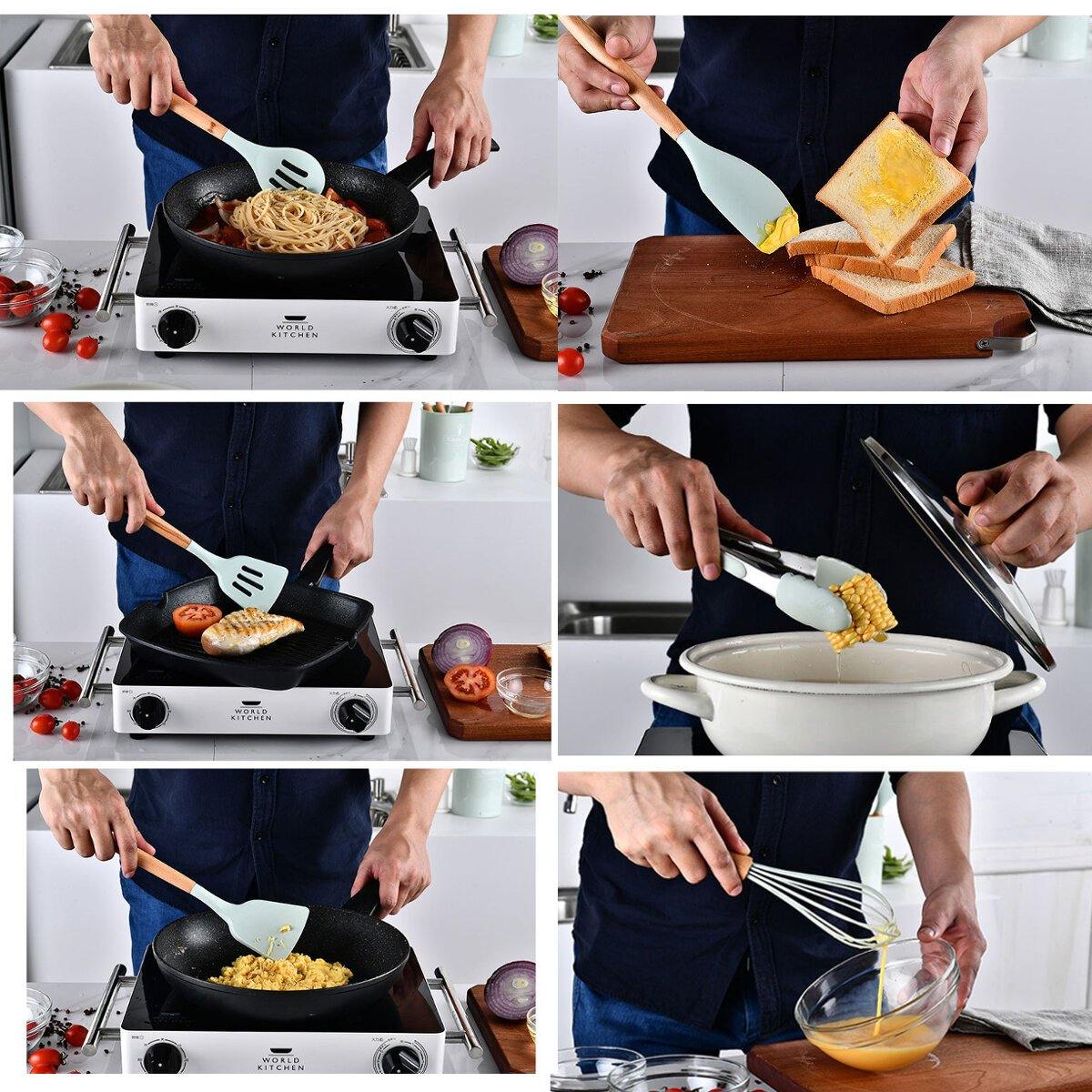 12pcs Wooden Silicone Kitchen Utensil Nonstick Cooking Tool Spoon Soup Ladle Turner Spatula Tong Cookware Baking Gadget