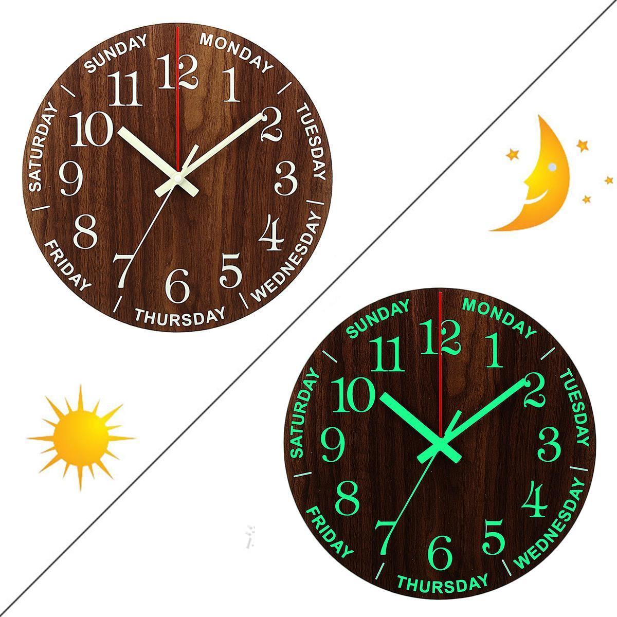 Horloge murale lumineuse de 12 pouces en bois silencieuse sans tic-tac avec veilleuse 