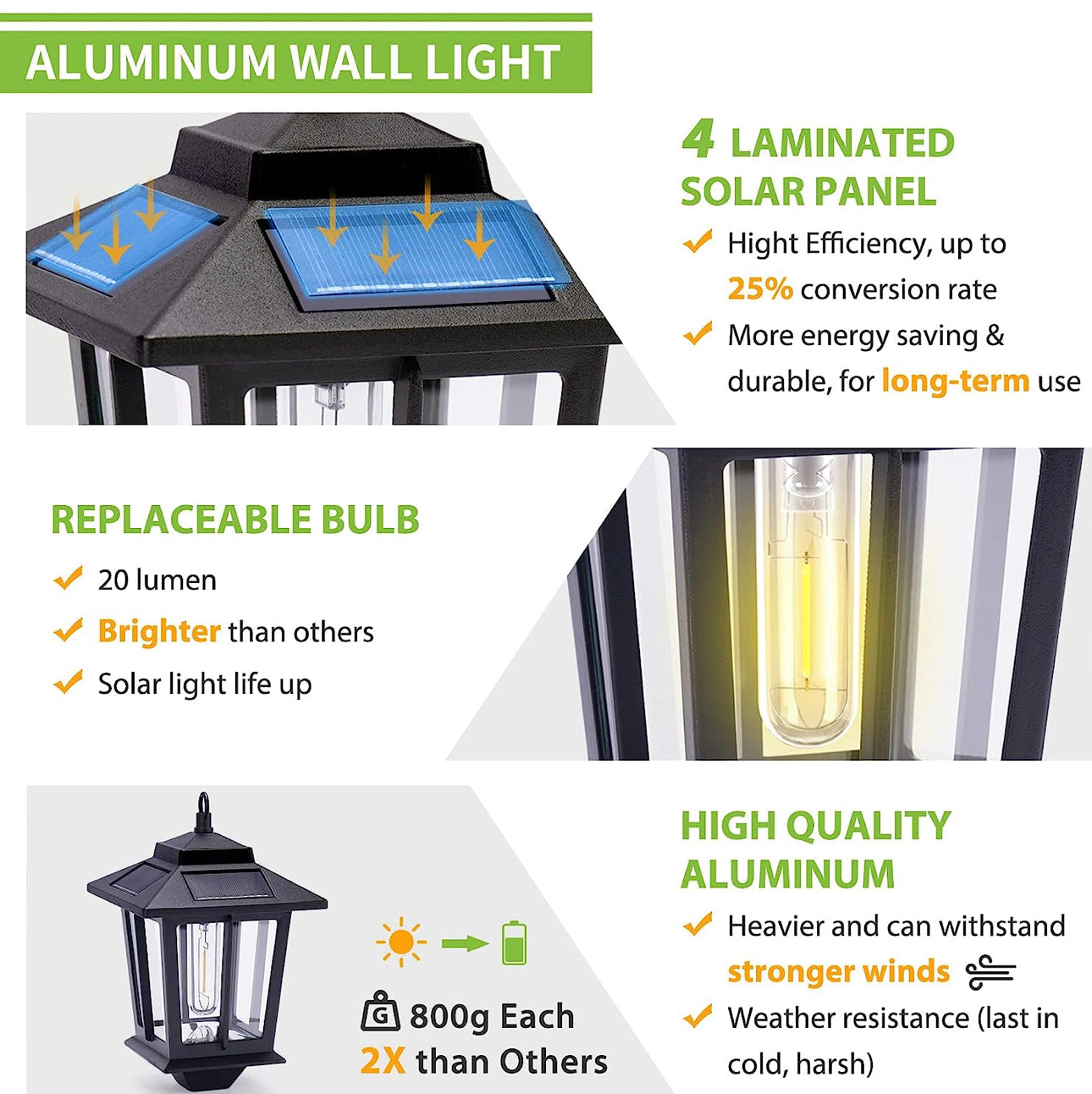 Lot de 2 lanternes murales solaires en aluminium avec ampoule remplaçable, lampes solaires d'extérieur suspendues avec 4 panneaux solaires, antirouille