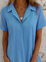Full Size Short Sleeve Shirt Dress with Collar Plus Size in light blue fabric, featuring a buttoned front and short sleeves.